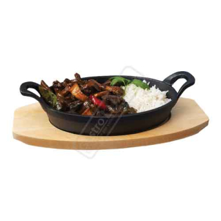 Liatinová panvica s drevenou doskou 17x12 cm